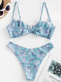 Hot Selling High Quality Bikini Floral High Cut Bikini Sets V-Wired Two Piece Swimsuit Bathing Suit (Option: L-Blue)