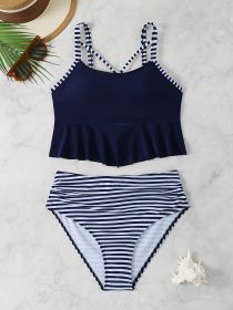 Women's Fashion Plus-size Bikini Set, Sexy Back Drawstring Ruffled Swimsuit, Vacation Style (Option: 3XL-Navy blue)