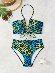 Women's Plus Size Gradient Leopard Print Bikini Neck Tie Backless Sexy Swimsuit Bikini Holiday Style (Option: Blue-0XL)