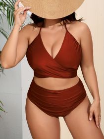 Women's Oversized Bikini Set, Solid Color, Cross Lace-up In The Chest, Hanging Neck, Backless Sexy Bikini, Vacation Style (Option: Chocolate color-0XL)