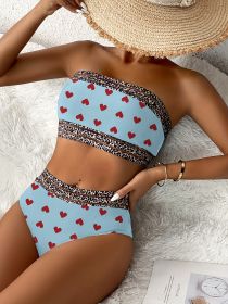 Women's Bra Love Print Bikini Bikini Two-piece Sexy Swimsuit Leopard Print Elastic Belt Holiday Style (Option: Lake blue-S)