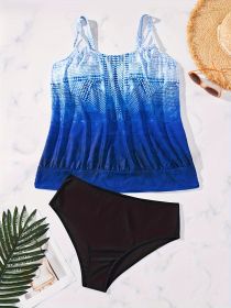 Women's Plus-size Tankini Suit Gradient Vest Two-piece Set Vacation Style (Option: Navy cyan-1XL)